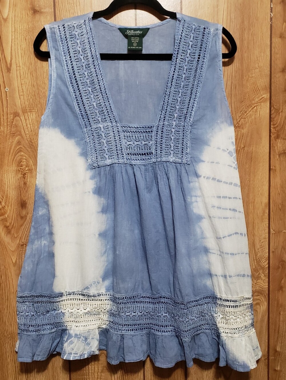 Stillwater Supply Co. Women's Sleeveless Top Blue Med 100% Cotton Tie Dye Blue